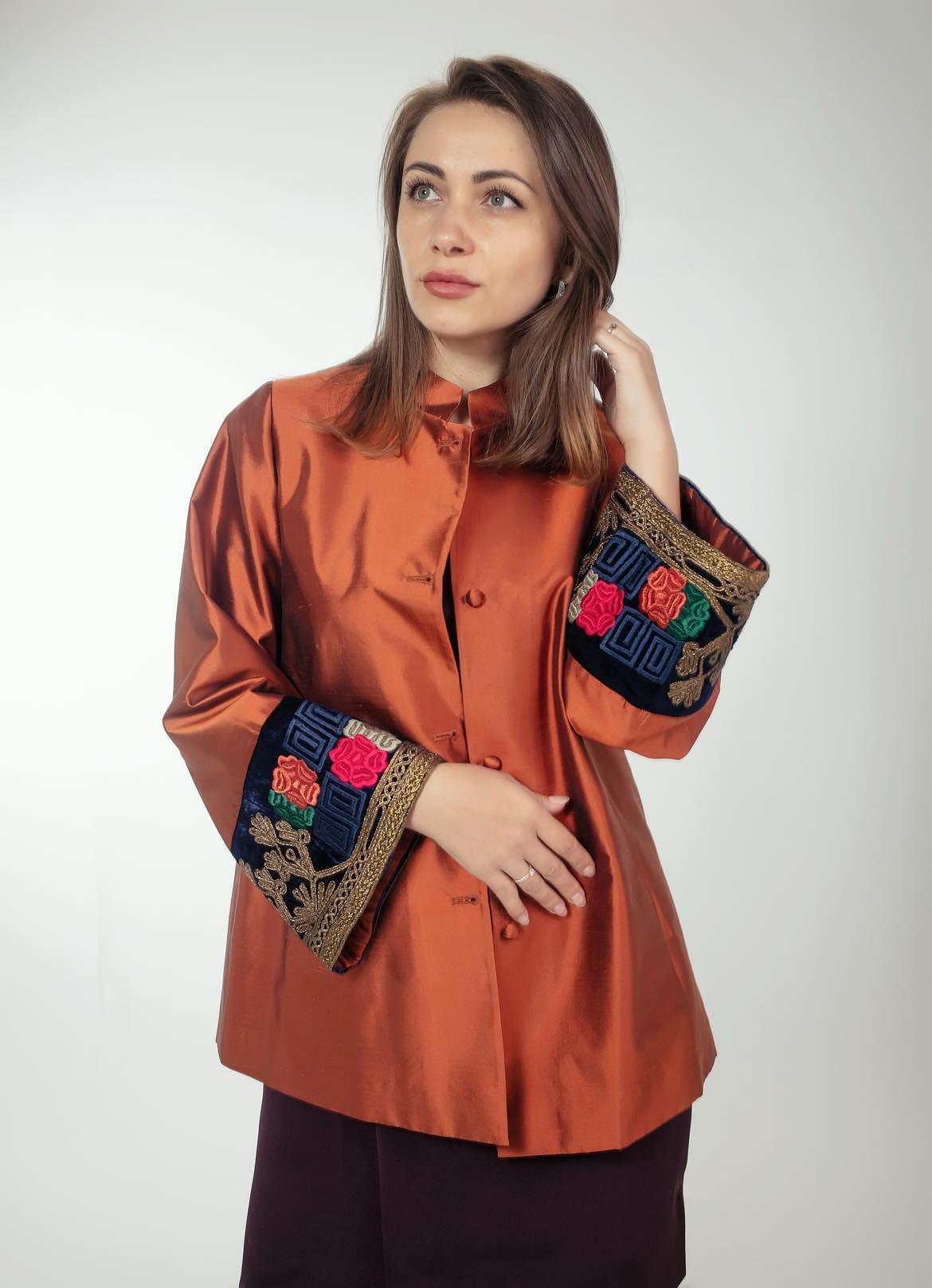 Terracotta Silk Coat with Unique Afghan Embroidery!