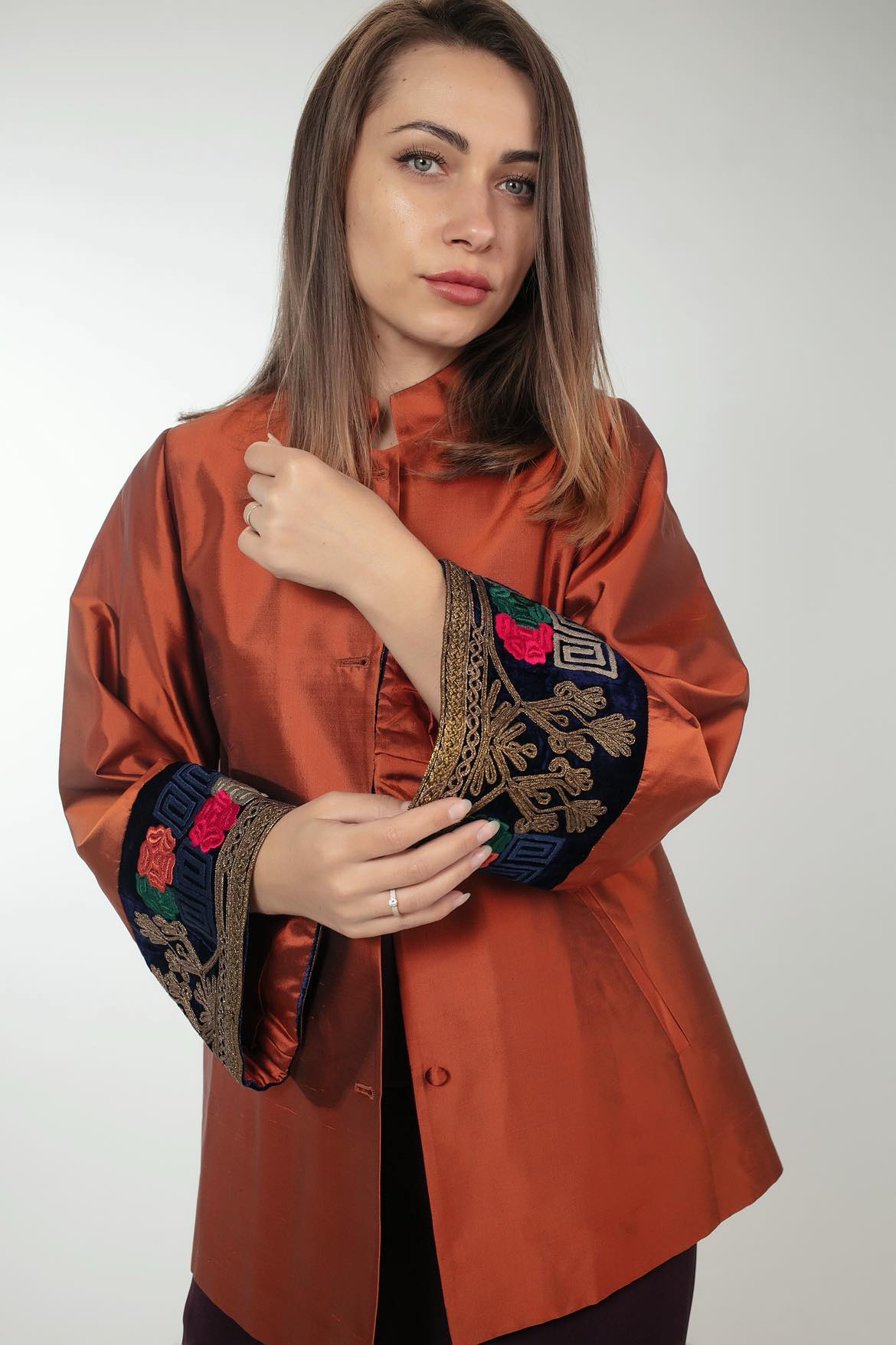 Terracotta Silk Coat with Unique Afghan Embroidery!